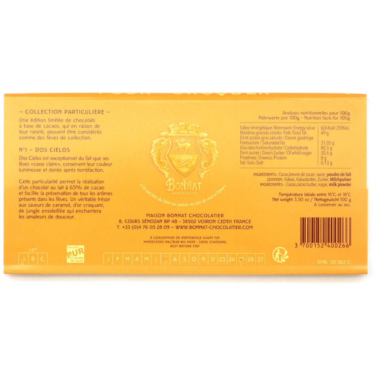 Yellow chocolate bar packaging with Bonnat logo and text