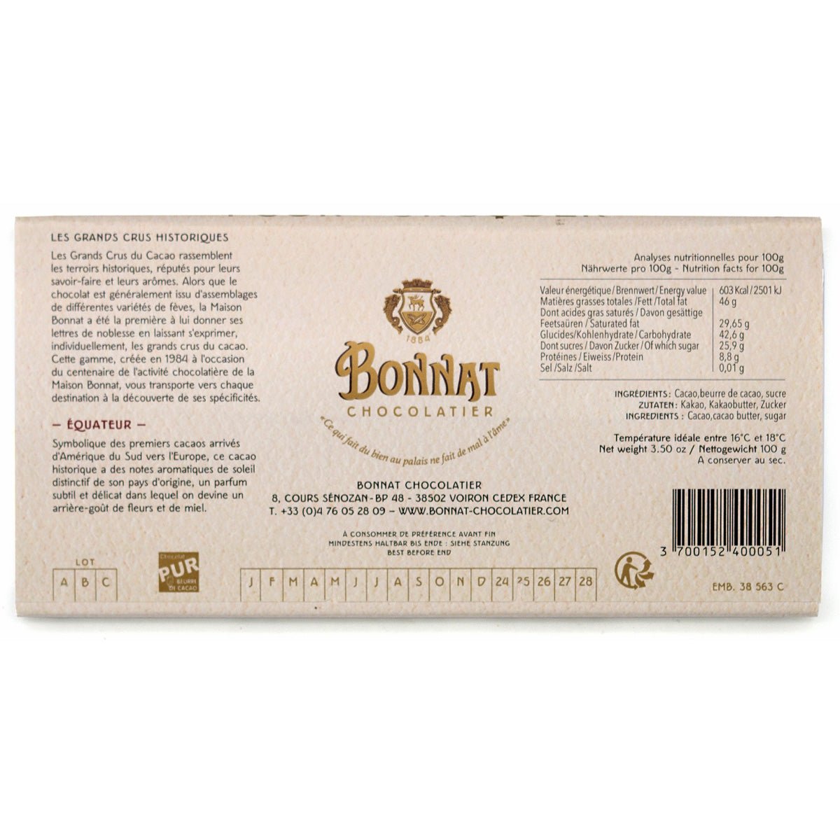 Bonnat Chocolatier chocolate bar packaging with text and branding on a white background