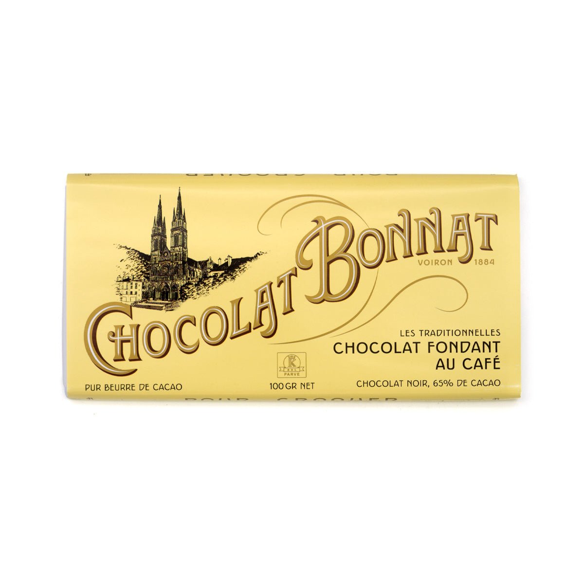 Chocolat Bonnat chocolate bar with yellow packaging on a white background