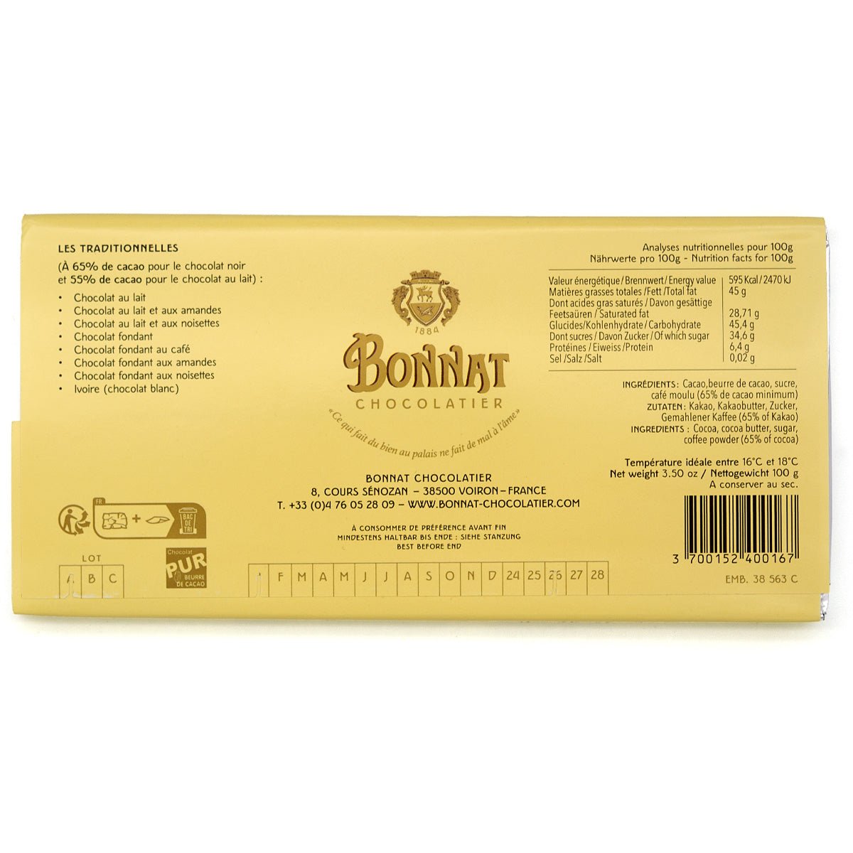 Bonnat chocolate bar packaging with brand logo and text on a white background