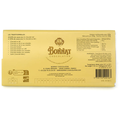 Bonnat chocolate bar packaging with brand logo and text on a white background