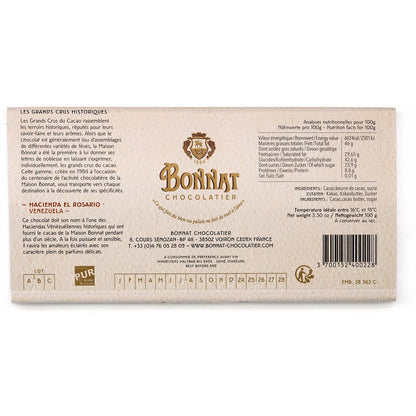Bonnat chocolate bar packaging with branding and product details on a white background