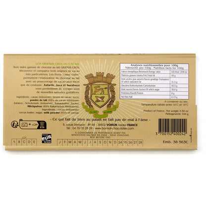 Chocolate bar packaging with brand logo and nutritional information on a white background
