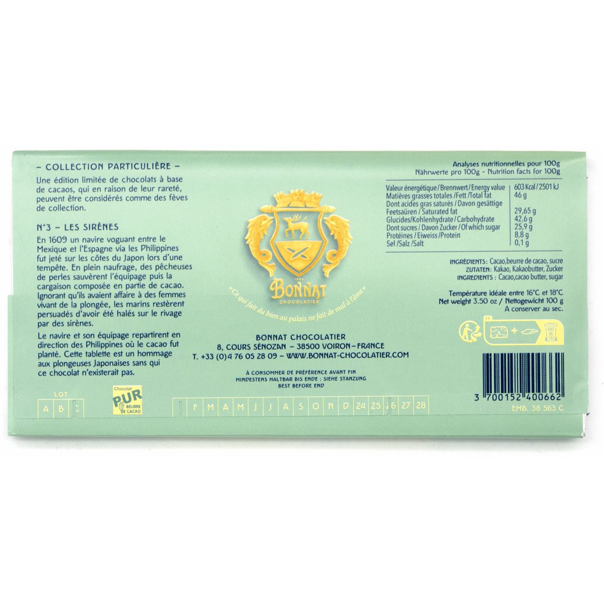 Green chocolate bar packaging with brand logo and text on a white background