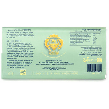 Green chocolate bar packaging with brand logo and text on a white background