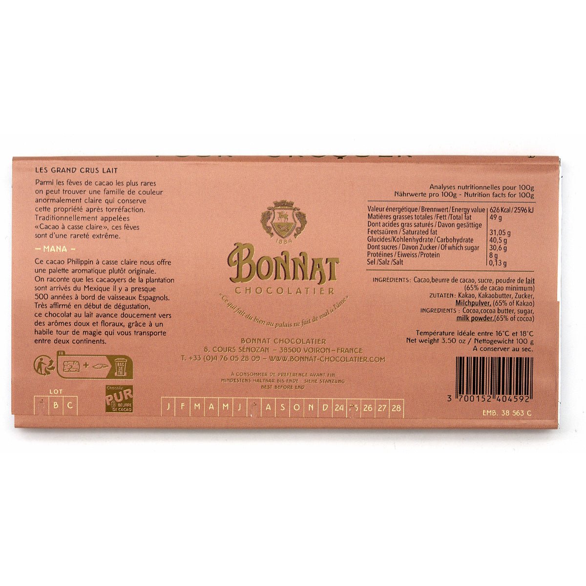 Back of Bonnat chocolate bar on a white background