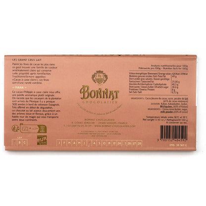 Back of Bonnat chocolate bar on a white background