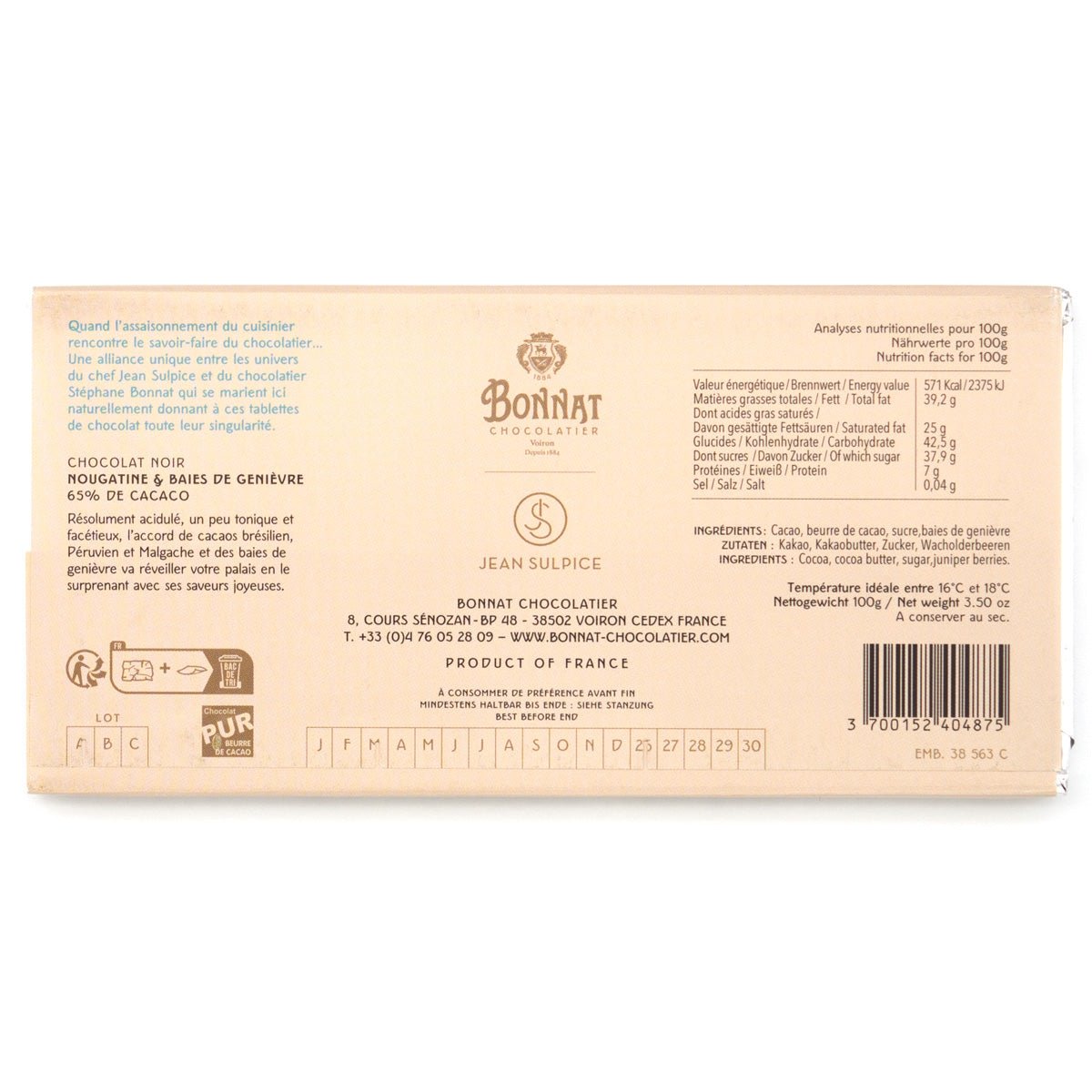 Bonnat chocolate packaging with text and branding on a white background