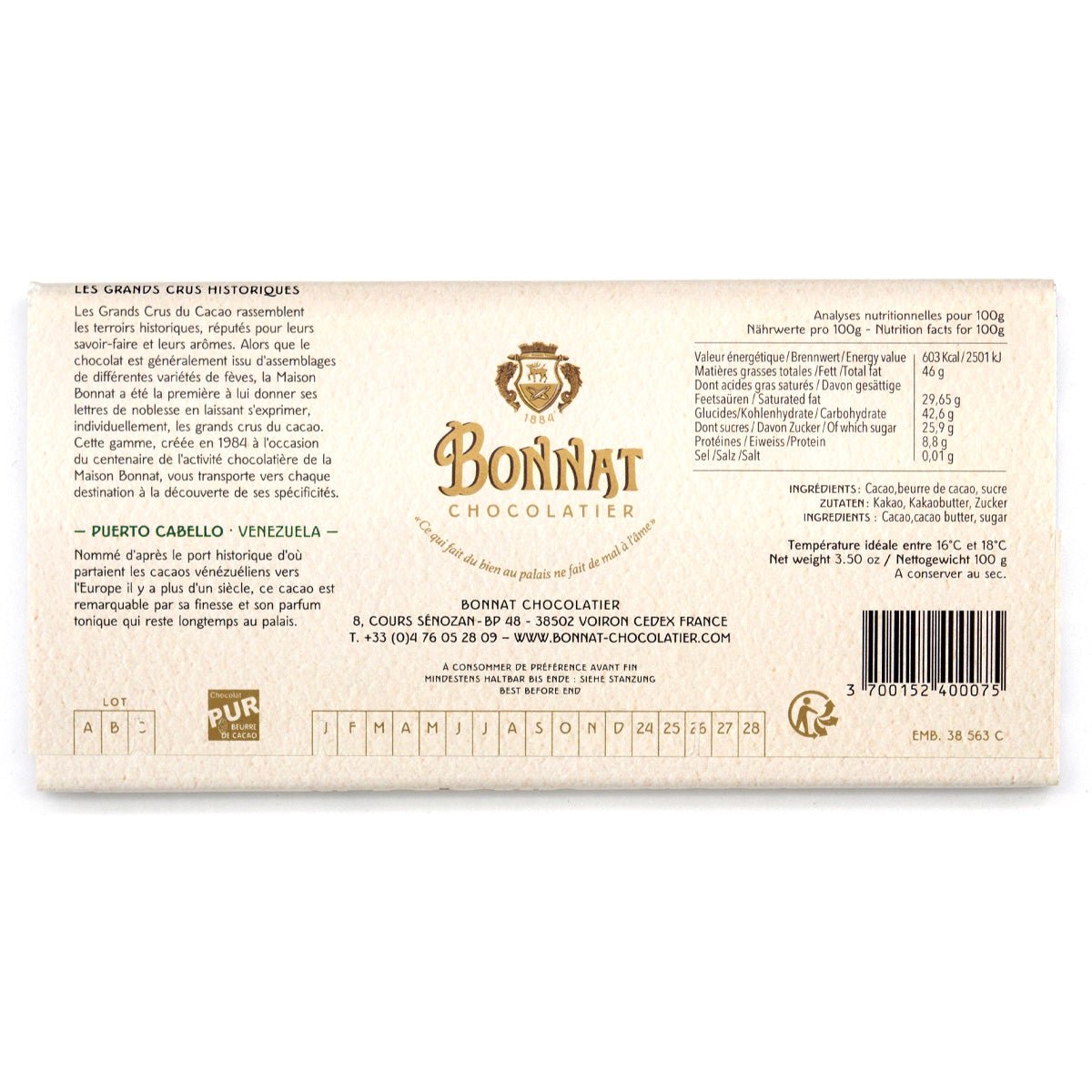 Bonnat chocolate bar packaging with text and branding on a white background