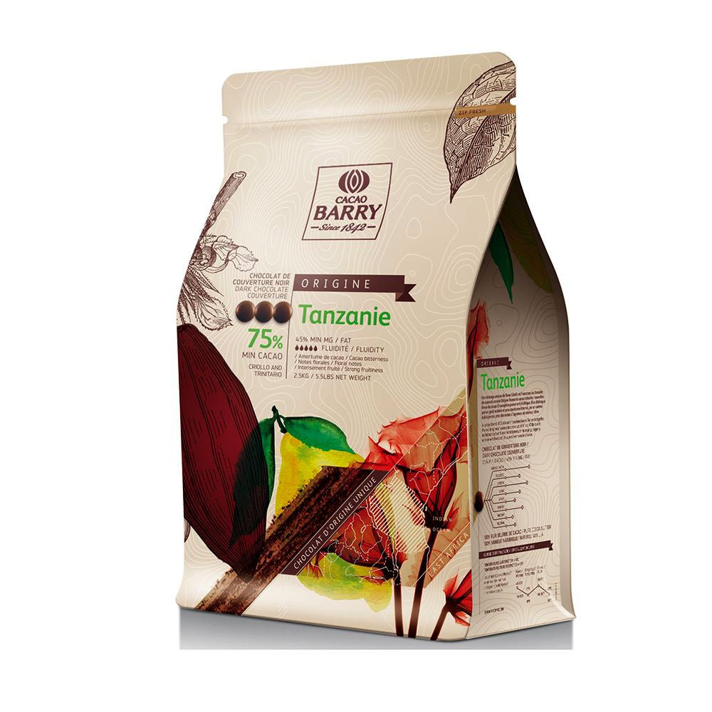 Cacao Barry Tanzanie chocolate packaging with colorful design on a white background