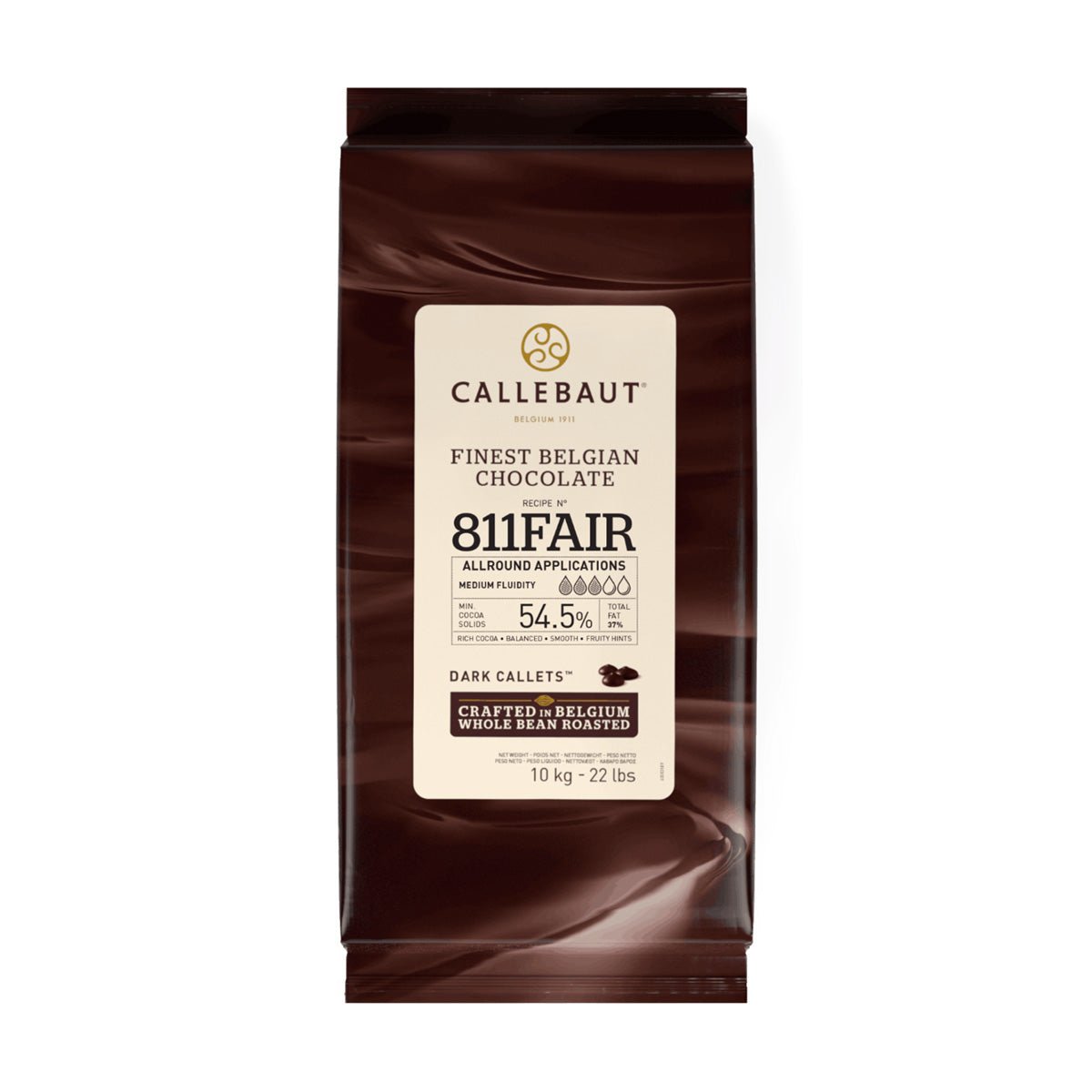 A 10 kg bag of Callebaut 811 Fair Dark Callets chocolate, featuring a cream-colored label on a dark brown background, isolated on a white studio background.