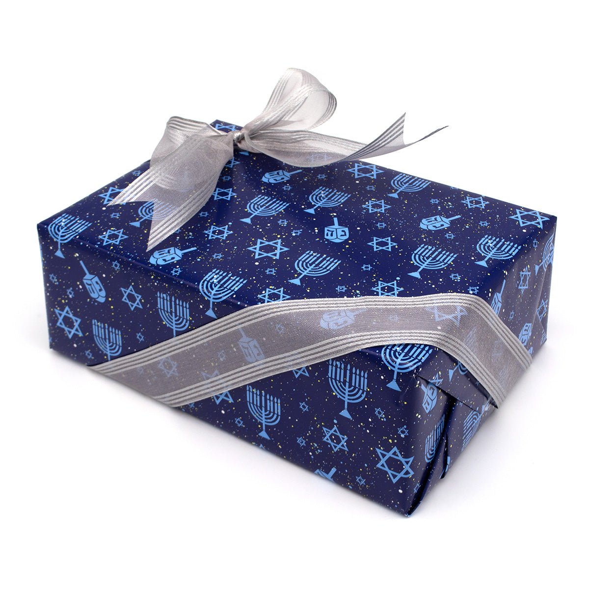 Gift box with blue wrapping paper featuring Star of David, menorah, and dreidel patterns and a silver ribbon