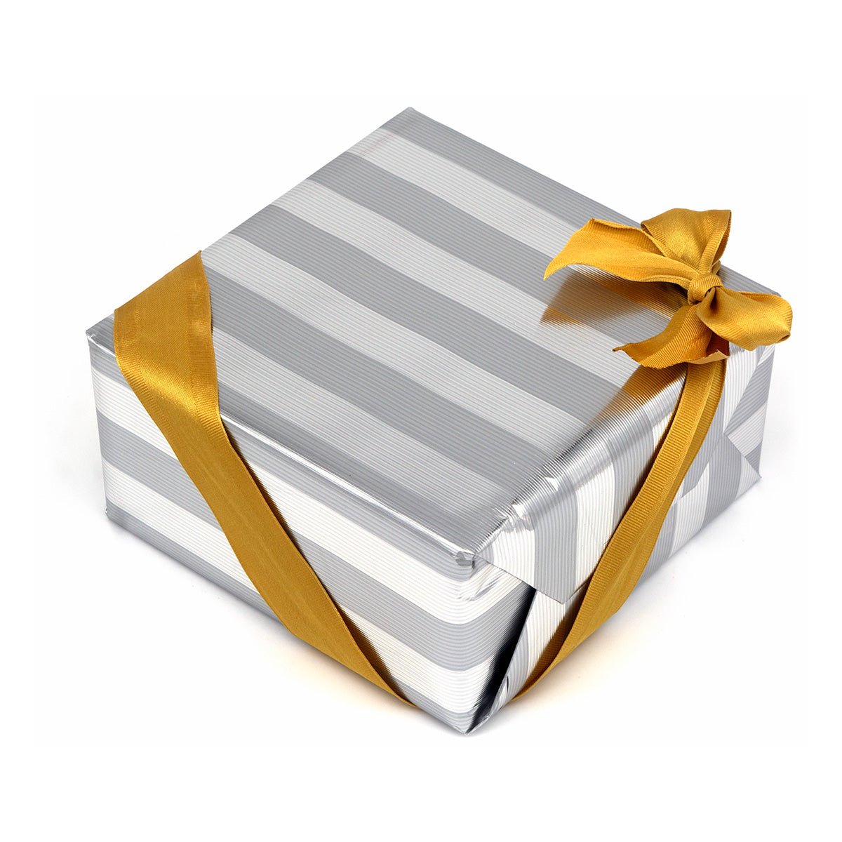 Silver and white striped gift box with a gold ribbon