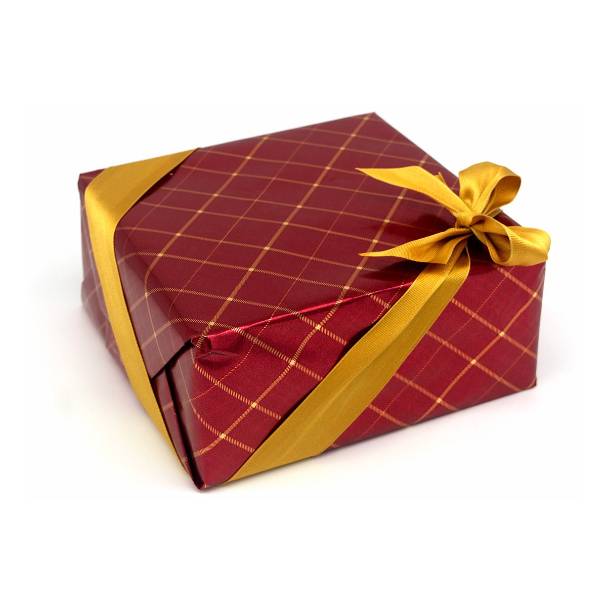 Gift box wrapped in red plaid paper with a gold ribbon