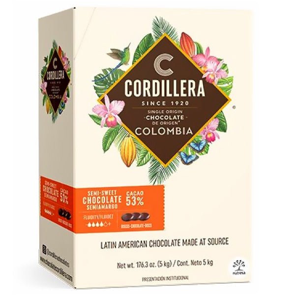 Cordillera chocolate packaging with floral and leaf design on a white background