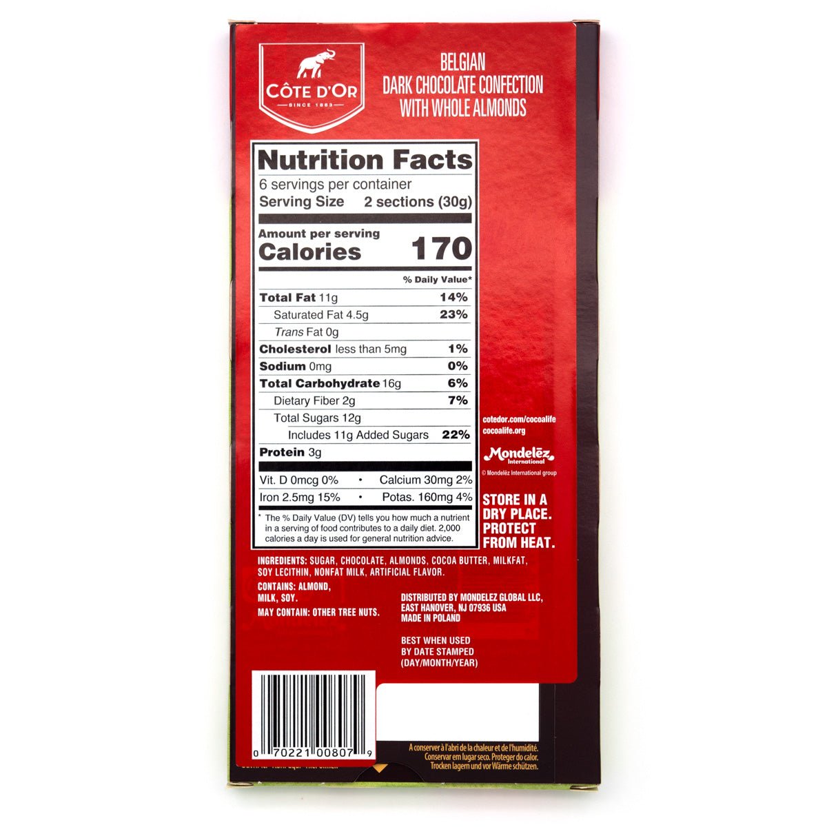 Cote d'Or Noir Amandes 46% Dark Chocolate with Almonds Bar - 180g (Past Date)