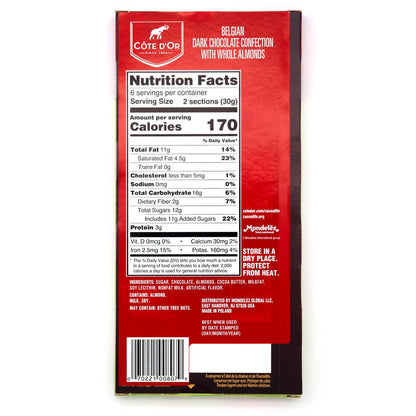 Cote d'Or Noir Amandes 46% Dark Chocolate with Almonds Bar - 180g (Past Date)