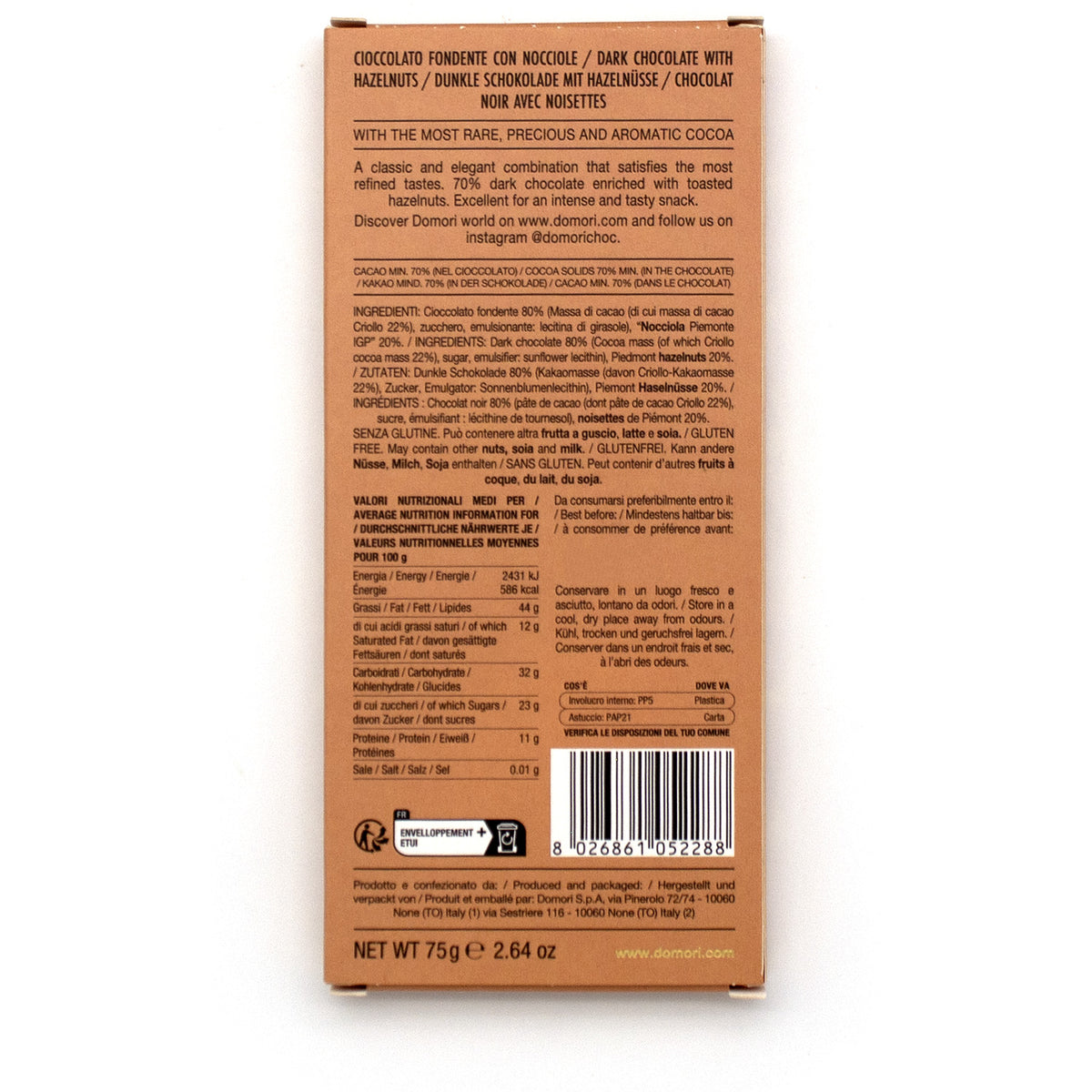 Domori Hazelnuts in Criollo 80% Dark Chocolate Bar - 75g (Close Date)