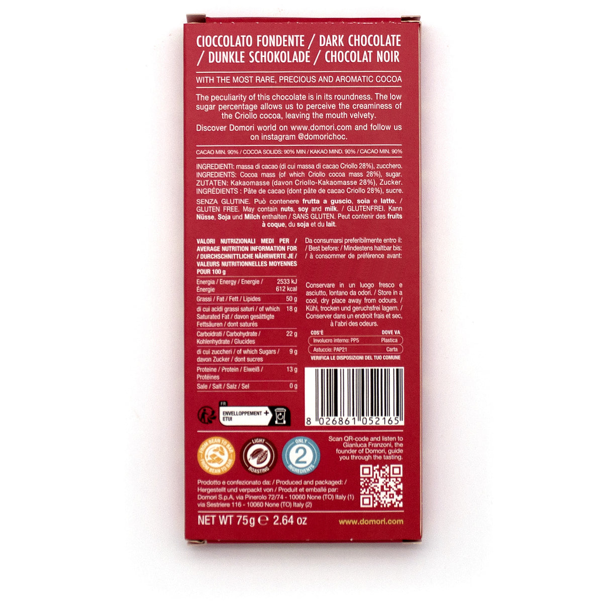 Domori Vigorous Criollo 90% Dark Chocolate Bar - 75g