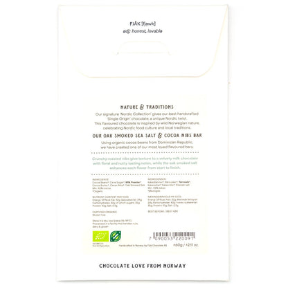 Fjak Oak Smoked Salt and Cocoa Nibs 45% Milk Chocolate Bar - 60g