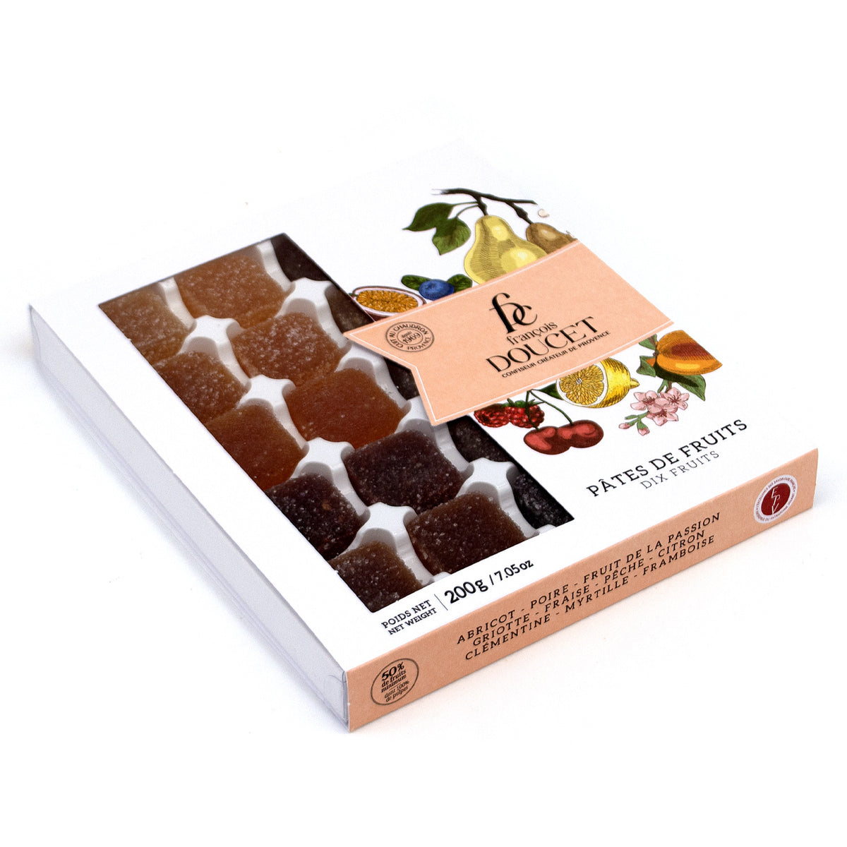 A boxed pack of fruit gummy sweets photographed on a clean white background. The package is white with peach-colored label areas and printed fruit illustrations, including pears, citrus, cherries, and a passion fruit.