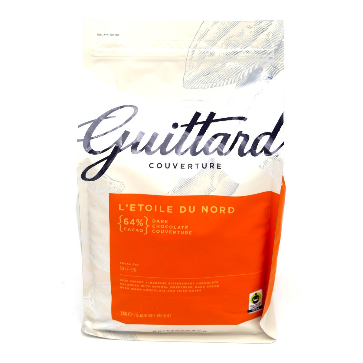 A 3 kg bag of Guittard L'Étoile du Nord chocolate couverture, featuring a white and orange design with a silver foil seal at the top, photographed on a white background.