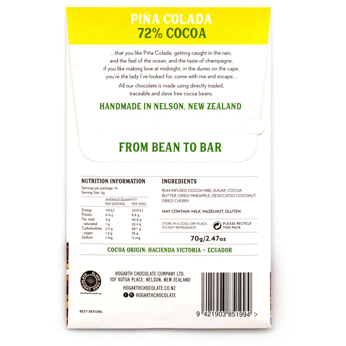 Hogarth Piña Colada 72% Single Estate Dark Chocolate Bar - 70g