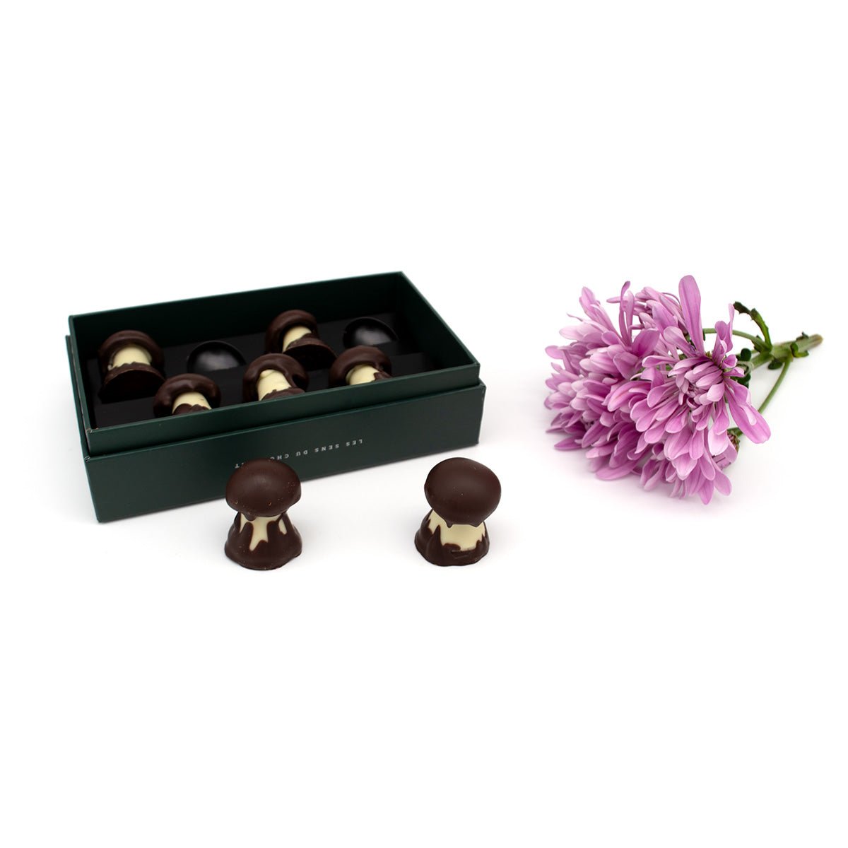 Chocolate mushroom-shaped truffles in a dark green box with a pink flower on a white background