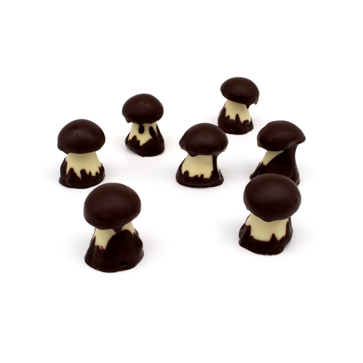 Chocolate mushrooms on a white background