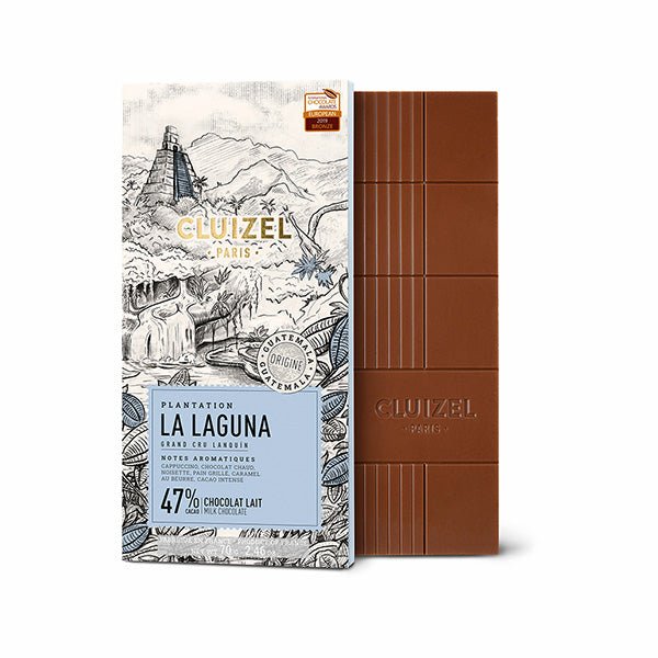 Cluizel chocolate bar packaging with illustration and text on a white background