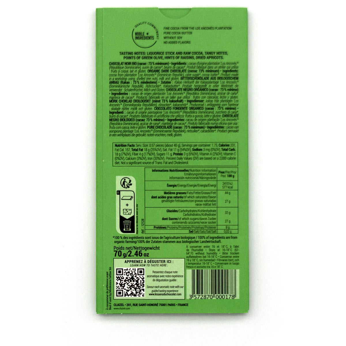 Michel Cluizel Los Anconès BIO 73% Single Origin Dark Chocolate Bar - 70g