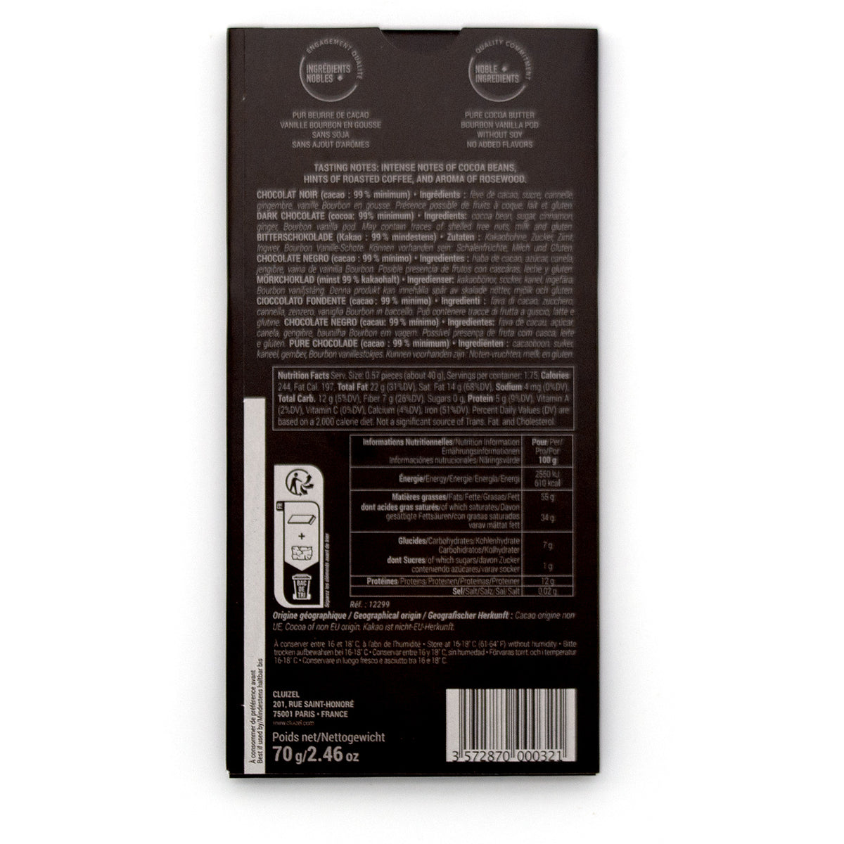 Michel Cluizel Noir Infini 99% Dark Chocolate Bar - 70g
