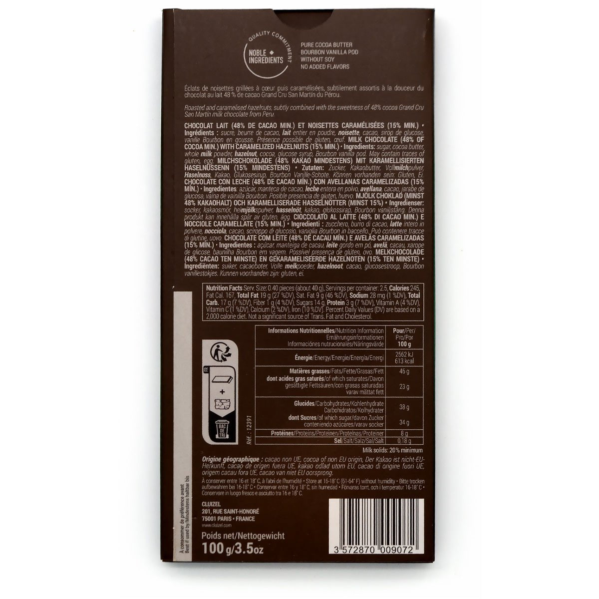 Michel Cluizel Noisettes Caramelisees 48% Single Origin Milk Chocolate with Hazelnuts Bar - 100g