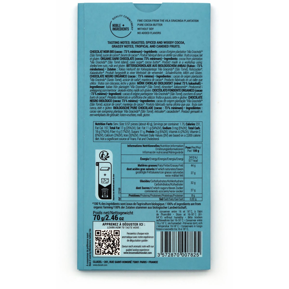 Michel Cluizel Vila Gracinda BIO 73% Single Origin Dark Chocolate Bar - 70g (Past Date)