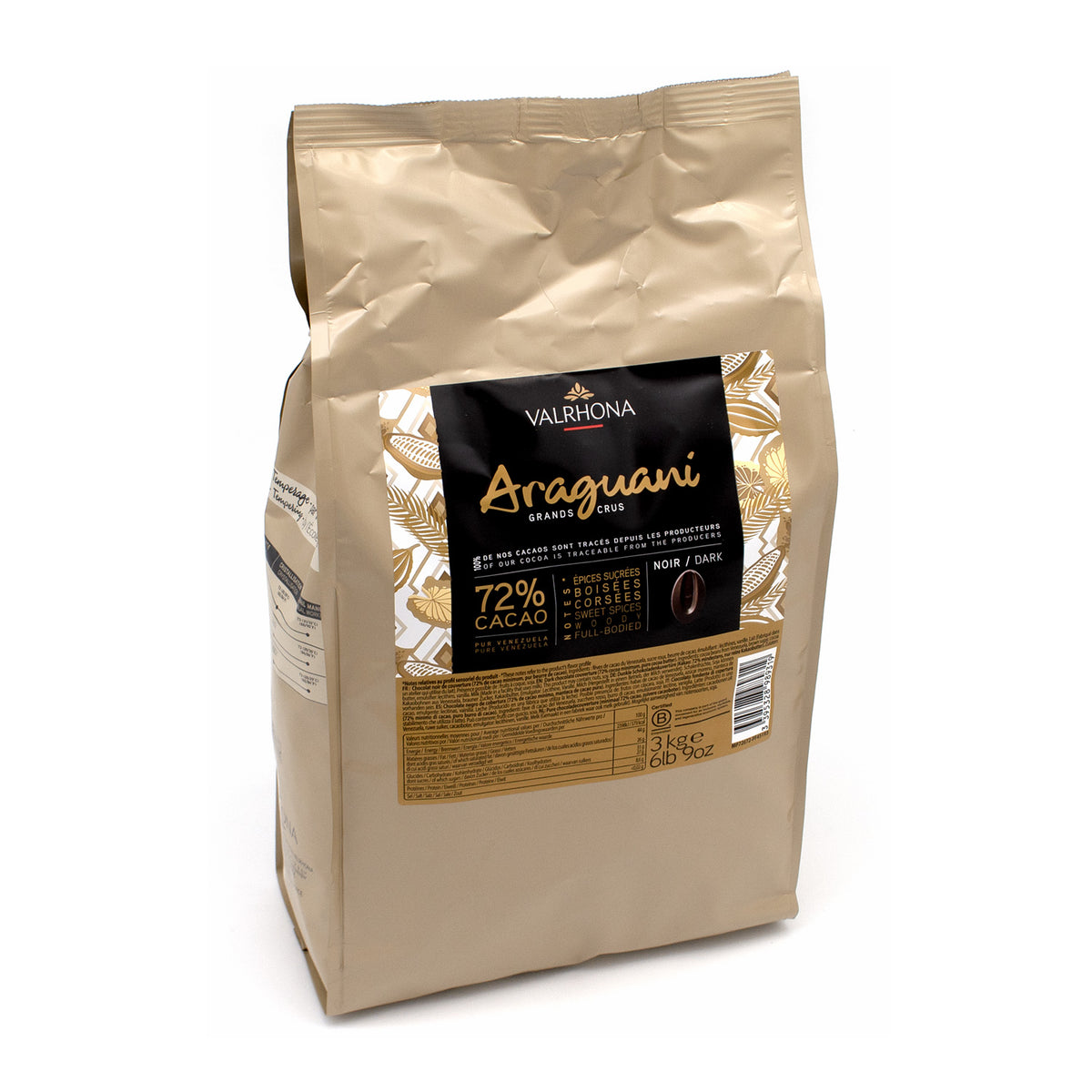 A 3 kg bag of Valrhona Araguani 72% Chocolate, in its signature metallic gold packaging with a black and gold label, photographed on a clean white background.