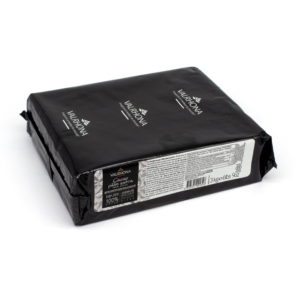 A package of Valrhona Cacao Pate Extra, 100%, in a black pouch with white text and labels, shown on a plain white background.