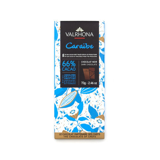 Valrhona Caraiibe dark chocolate bar packaging with blue and white design