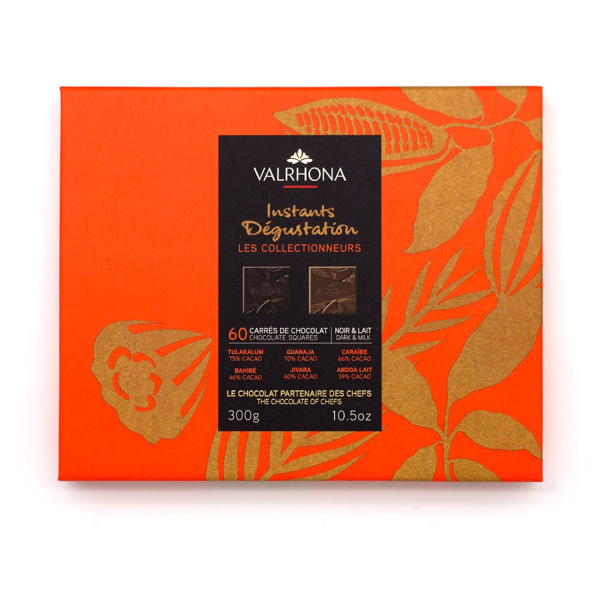 Valrhona chocolate packaging with orange and gold design on a white background