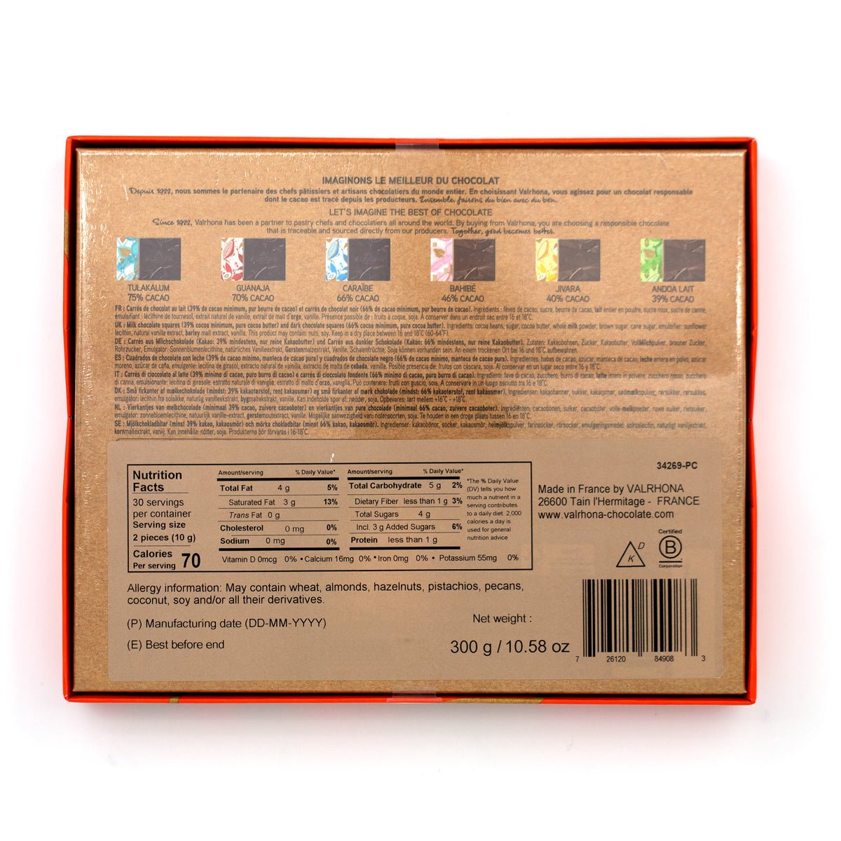 Back of a chocolate packaging box with nutritional information and branding details.