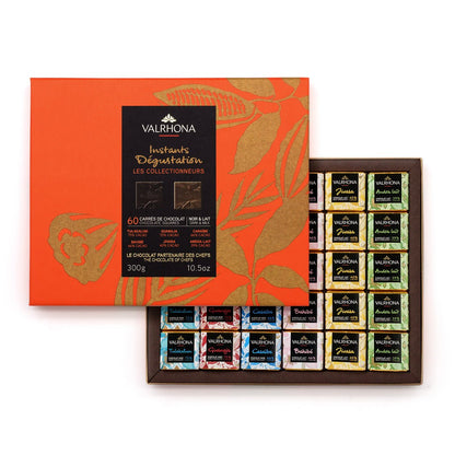Valrhona chocolate assortment with an orange box on a white background