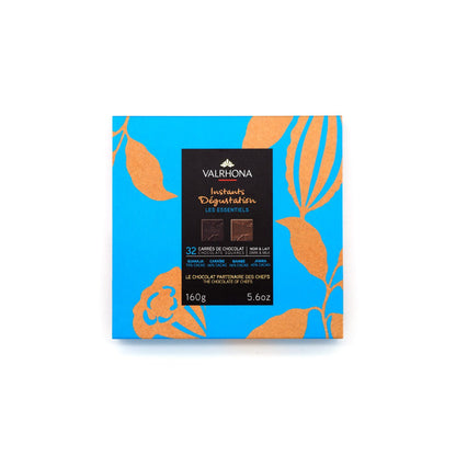 Valrhona chocolate packaging with blue and orange design on a white background