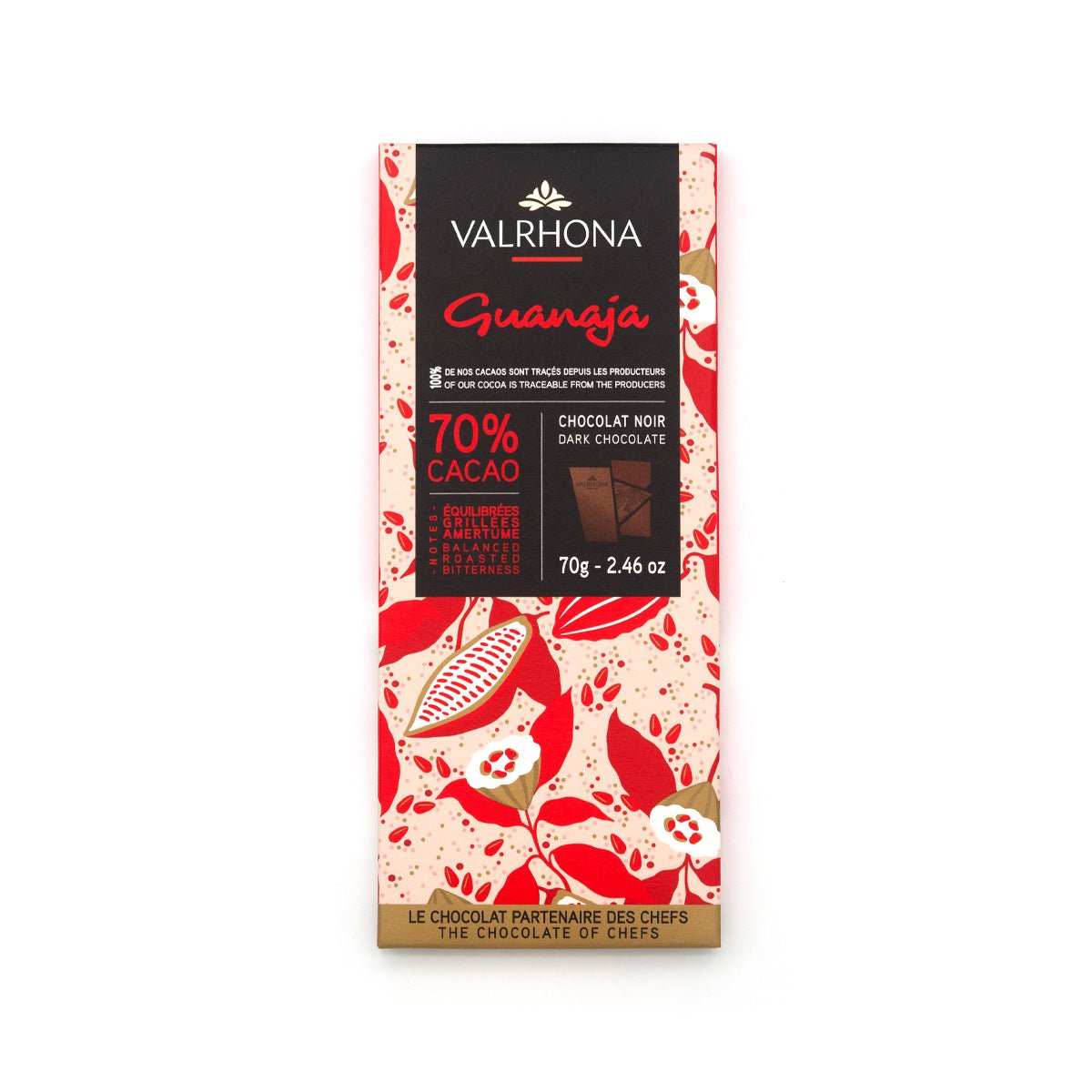 Valrhona Guanaja dark chocolate bar packaging with red and beige design on a white background