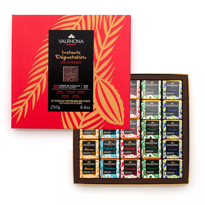 Valrhona chocolate assortment in a decorative box with red and gold design.