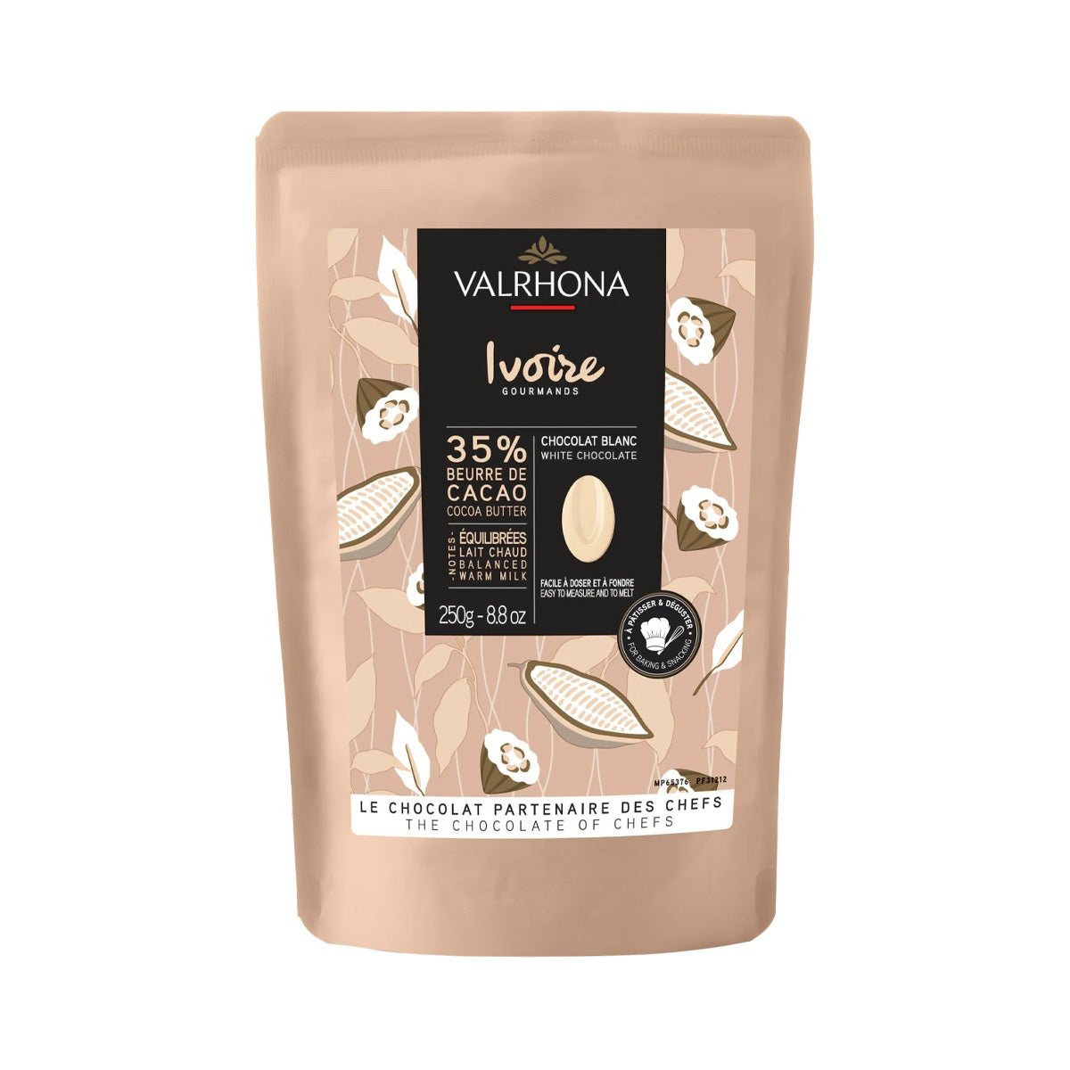Valrhona Ivoire chocolate packaging with a beige background