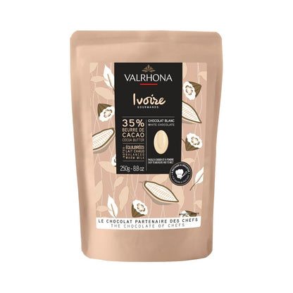 Valrhona Ivoire chocolate packaging with a beige background