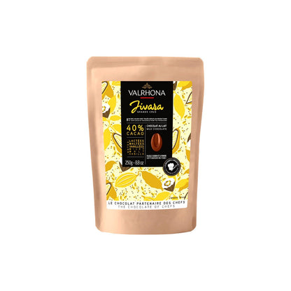 Valrhona chocolate packaging with vanilla design on a white background
