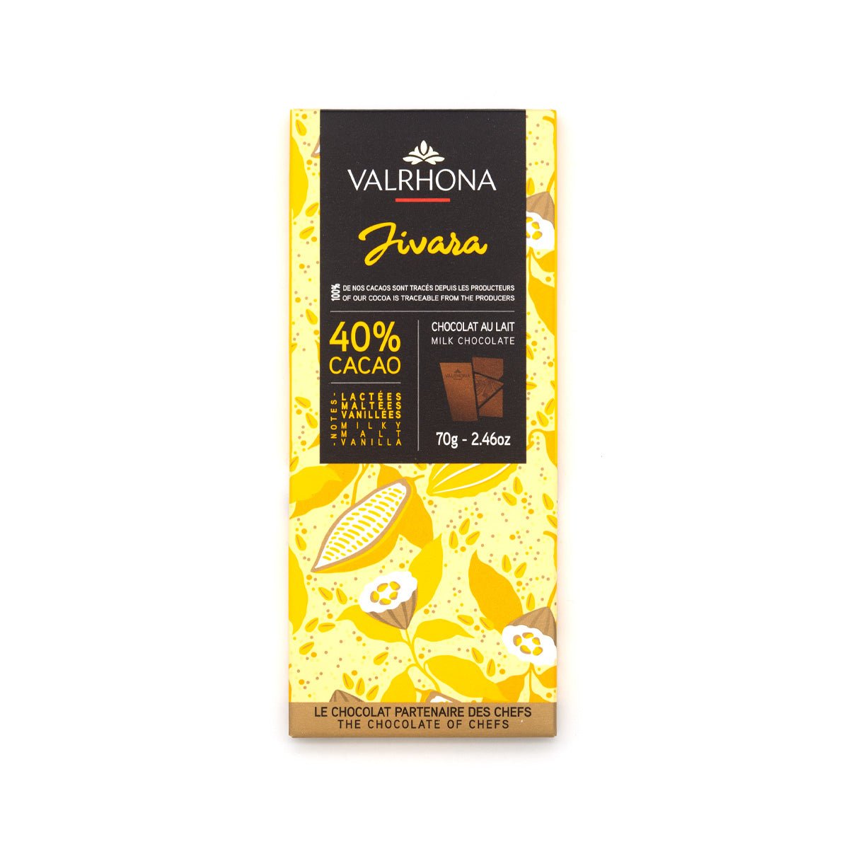 Valrhona Jivara milk chocolate bar packaging with yellow and black design