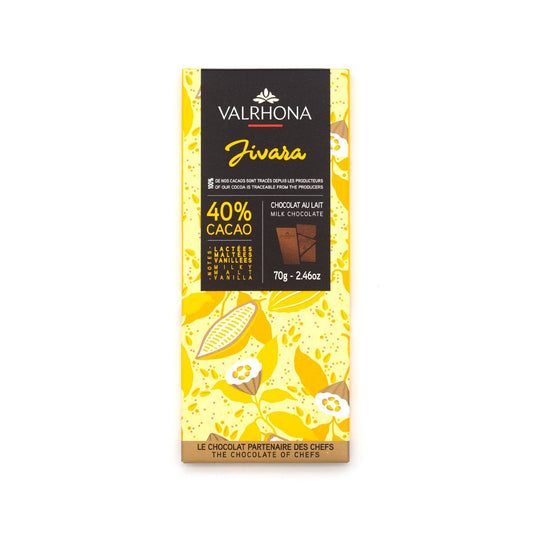 Valrhona Jivara milk chocolate bar packaging with yellow and black design