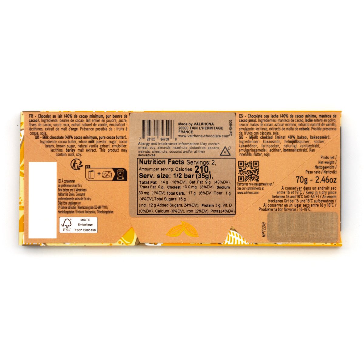 Chocolate bar packaging with nutritional information on a white background