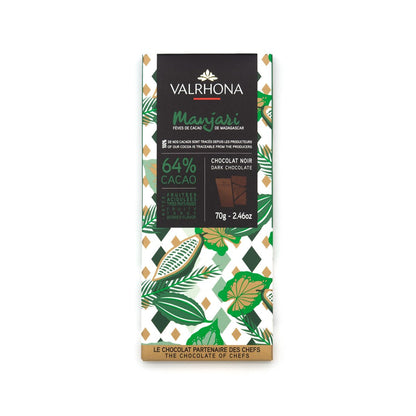Valrhona Manjari dark chocolate bar packaging with green leaf design on a white background
